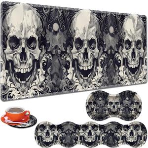 Large Gaming Table Pad 31.5 "x 11.8" + Keyboard Wrist Pad + Mouse Wrist Pad + Coaster Non-Slip Base 4-in-1 Set, Ergonomic Memory Foam, Easy Typing Pain Relief, Smiley Skull