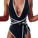 Lilosy Sexy Tie Criss Cross Plunge One Piece Thong Swimsuit High Cut Brazilian Bathing Suit (Black, XS)