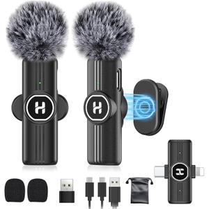 Mini Wireless Lavalier Microphone for iPhone, iPad, Android Phone - Noise Reduction Lapel USB C Bluetooth Mic for Recording, Clip on Omni Lav Mic for Video Recording, Tiktok, YouTube, Vlog (Black J25 2IN1)