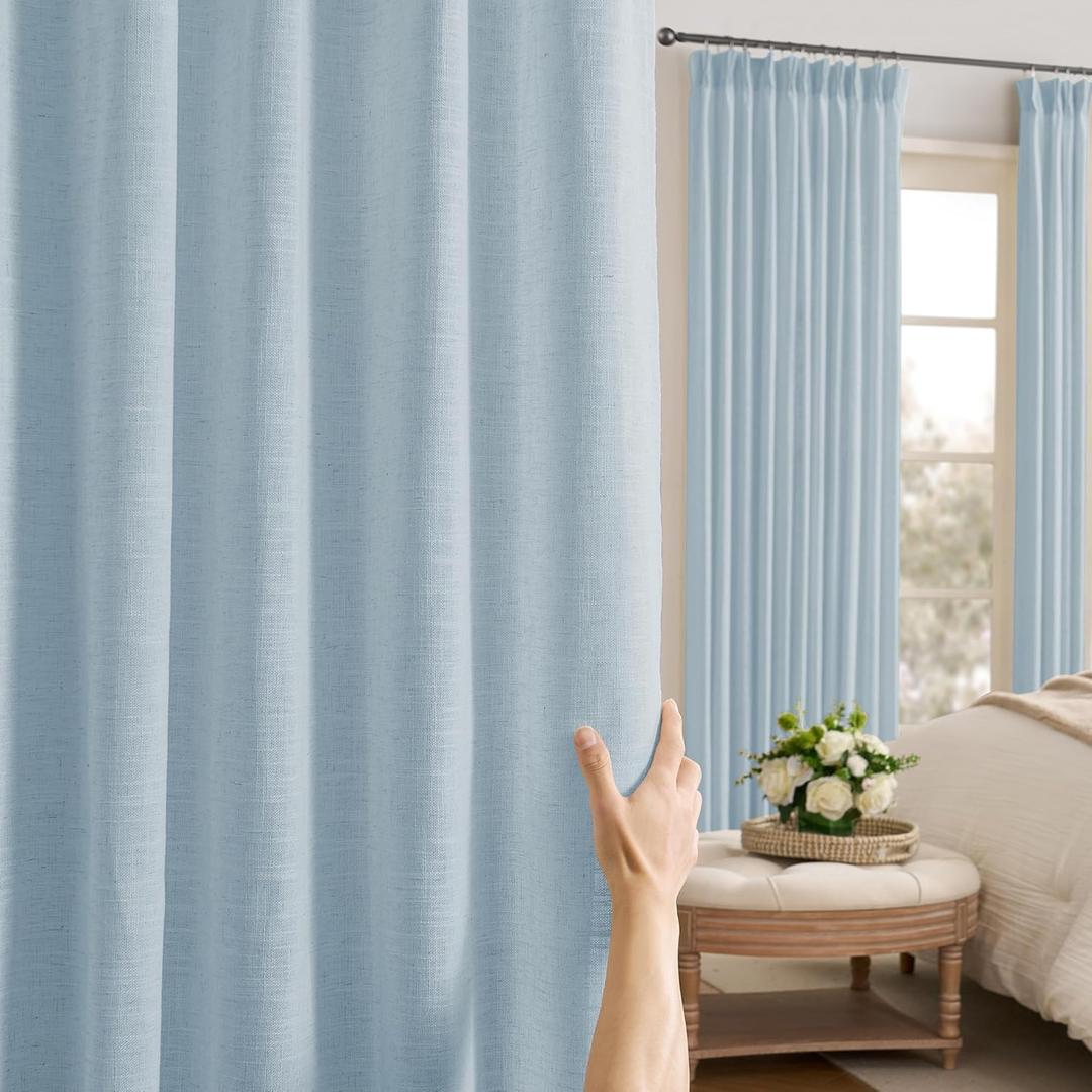 Light Blue 90 Inch Curtains Pinch Pleated Linen Drapes for Living Room Bedroom Dining Boho Luxury Decor Coastal Light Filtering Back Tab Semi Sheer Window Curtains 2 Panels, 40 x 90, Dusty Blue