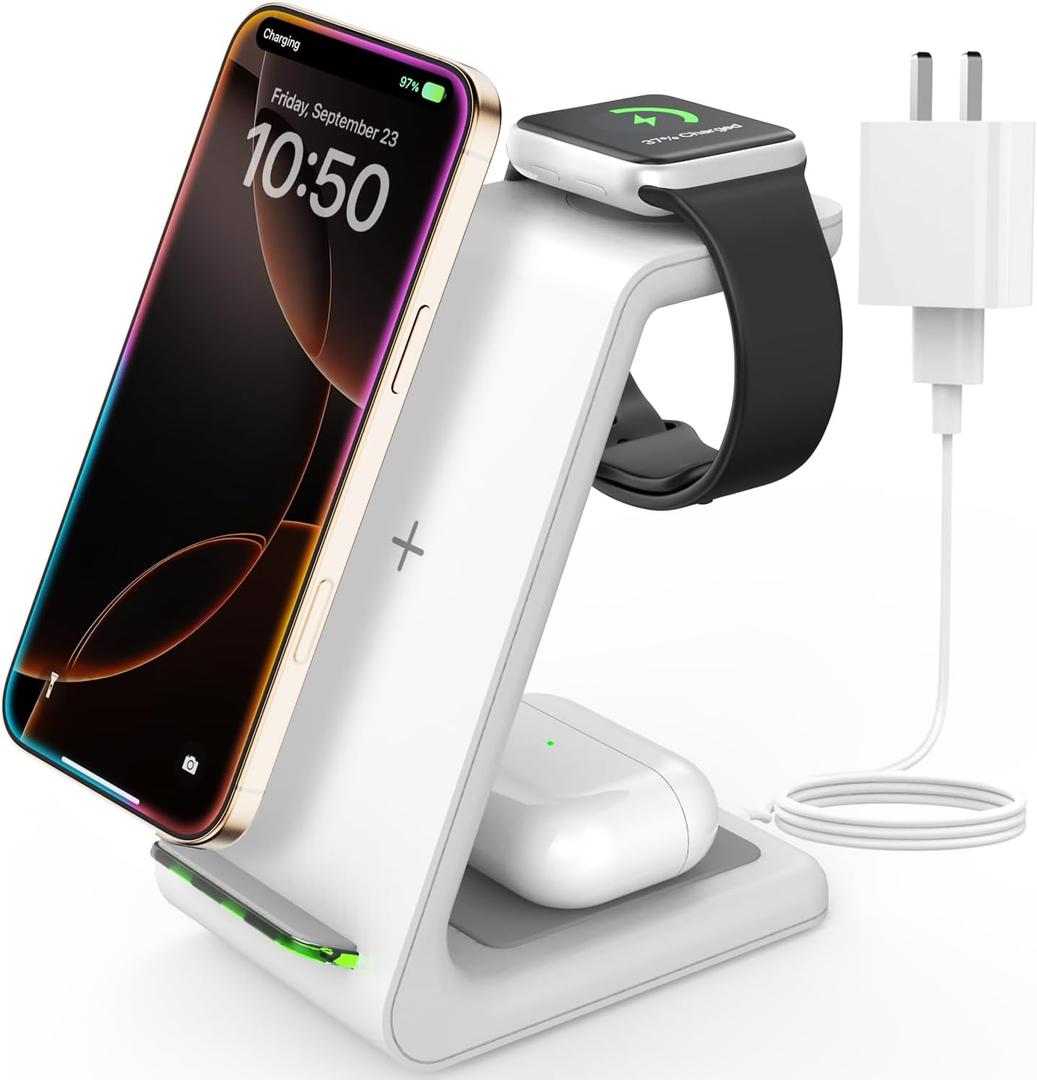 Wireless Charger for iPhone Charging Station: 3 in 1 Phone Charger Stand for iPhone 17/16/15/14/13/12/11/SE/X Pro Max Plus - Apple Watch 11/10/9/Ultra 2/8/SE/7/6/5 - AirPods 4/Pro 2/3 (White)
