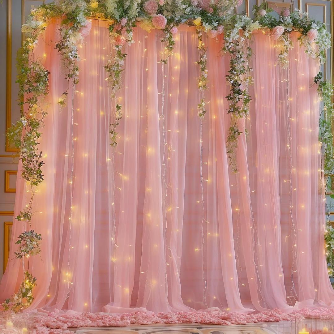 10x10ft Dusty Rose Tulle Backdrop Curtain with Lights String for Parties, Sheer Backdrop Curtains for Wedding Baby Shower Birthday Party Photo Shoot Decorations (10ft x 10ft (2 Panels 5*10ft))