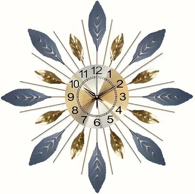 Large 21.6 inch (55 cm) Wall Clock,Silent Non,Ticking Modern Metal Leaf DesignDecorative 3D Wall Clock in Blue Gold Color