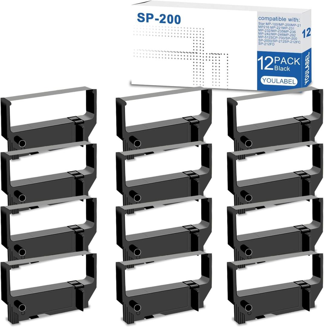 12 Pack SP200 Black Ink Ribbon Replacement for Star SP200 Ribbon Used with Star Micronics SP200 SP-200BK SP-500 SP-2000 SP-512 SP-542 SP-2360 RC200 Receipt POS Printer