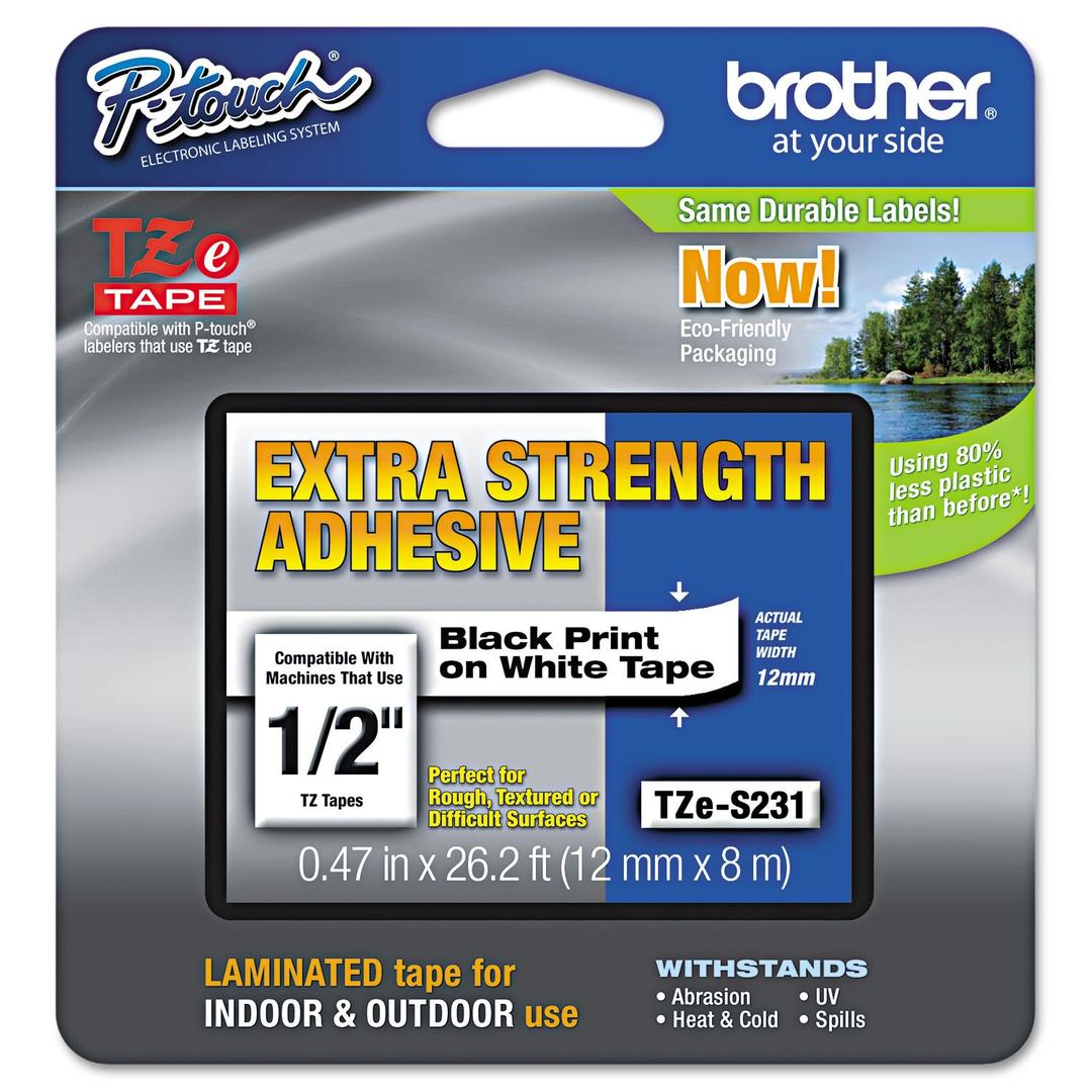 Brother Genuine P-touch TZE-S231 Label Tape, 1/2" (0.47") Extra Strength Adhesive Laminated P-touch Tape, Black on White, Laminated for Indoor or Outdoor Use, Water Resistant, 26.2 Feet (8M), Single-Pack