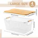 Geelin 4 Pcs White Metal Wire Basket with Wooden Handles and Bamboo Lids 14.37" x 8.58" x 6.5" Mesh Steel Basket Stackable Storage Bins Organizer Containers for Vegetables Fruit Home Cabinet Pantry