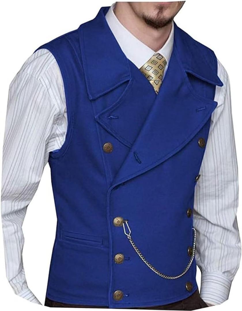 Mens Double Breasted Classic Vests Groomsman Wedding Waistcoat Wide Lapel Suede Leather Casual Business Vest for Men (4X-Large, Royal Blue)