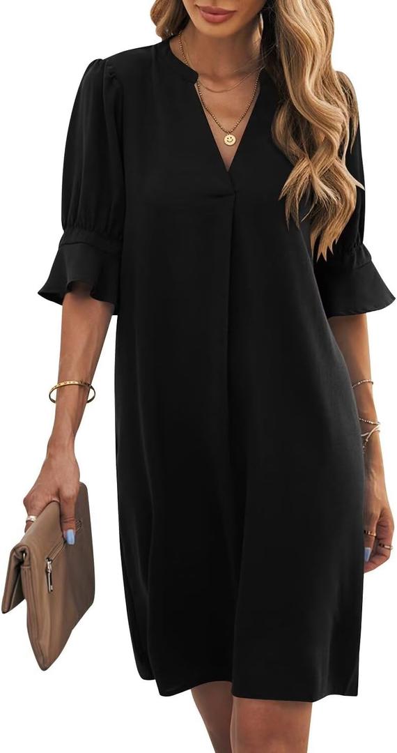 Wkior Summer Dress for Women Short Sleeve Solid Color Loose Casual Elegant Dress Black S