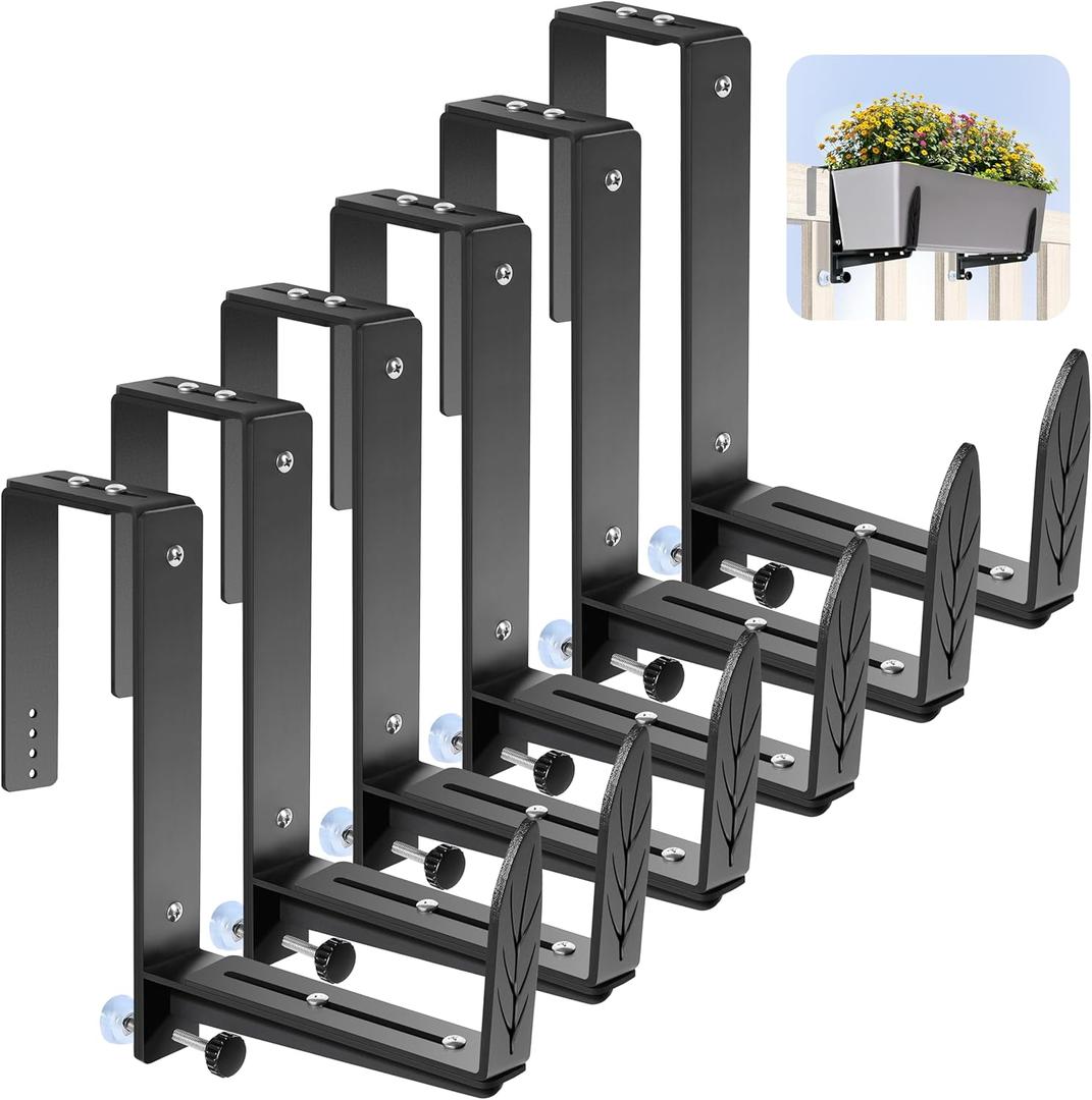 Window Box Brackets, Adjustable Planter Box Brackets, Heavy Duty Iron Flower Box Bracket for Deck Railing with Upgraded Bottom Support - Ideal for Balconies, Fences, and Gardens (6 Pack)