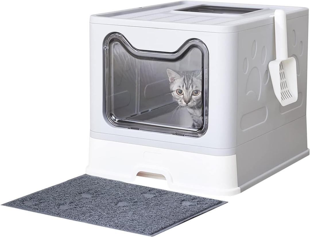 Cat Litter Box with Litter Mat and Scoop, Large Foldable Litter Box with Lid, Front Entry Top Exit Kitty Box, Odor Control, Easy to Clean (Grey)