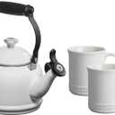 Le Creuset Enamel On Steel Demi Kettle with Metal Finishes & Stoneware Set of 2 Mugs, 1.25 qt. Kettle & (2) 14 oz. Mugs, White