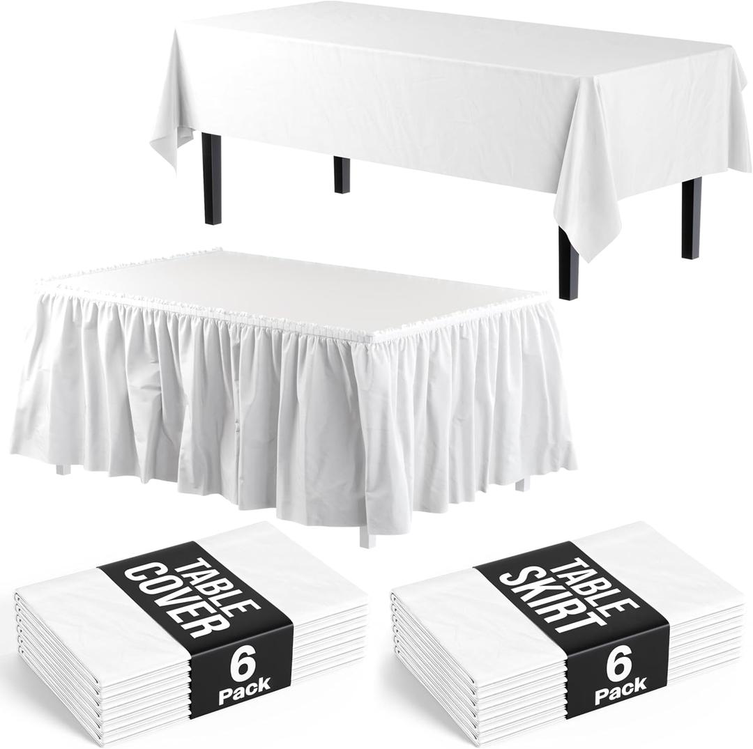 Party Solids White Plastic Table Cloth Rectangle Table Cover 54" x 108" Disposable Table Cloths for Parties & 14 Ft Long Table Skirts for Rectangle Tables 6ft Plus Combo 6 Covers & Table Skirt