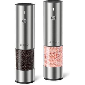 Ultrean Salt and Pepper Grinder Set, Rechargeable Salt and Pepper Shakers, 6 Adjustable Coarseness, LED Light, Kitchen Gadget Cooking Gifts Valentines Day Gifts for Him Her Mom Dad, Stainless Steel (Classic Silver)