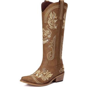 Cowboy Boots for Women - Wide Calf Knee High Cowgirl Boots, Glitter Sparkly Rhinestone Western Country Boots with Classic Embroidery, Pointed Toe Pull On Zipper Retro Boots (7.5, Brown)
