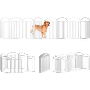 8 Panels Full Matel Freestanding Dog Gates with Door, 192"Extra Wide 32"Tall Free Standing Dog Pet Gate for Indoor & Outdoor. Foldable Pet Fences for Doorways, House, Stairs, Porch, Deck, Yard (White)