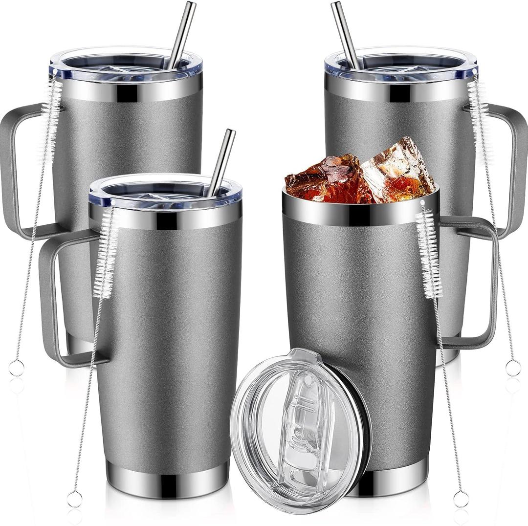 Lallisa 4 Pcs 20 oz Stainless Steel Coffee Mug with Handle Insulated Tumbler with Lid and Straw Brush Double Wall Vacuum Thermal Cup Reusable Portable Coffee Tumbler for Hot Cold Drinks (Silver)