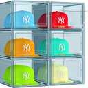 6 Pack Hat Organizer Box, Stackable Clear Baseball Caps Holder Box Containers with Magnetic Door for Hats Snapback Cap Storag, Hat Rack Display Case, Holds 8 Hats Each (Blue)