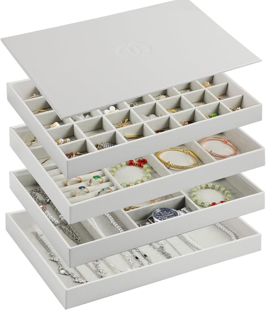 EZDeco Jewelry Organizer Tray with Lid,Extra Large Set of 4 Jewelry Trays for Drawers Stackable Jewelry Holder Inserts PU Leather Jewellery Storage for Ring Earring Necklace Bracelet for Mom(Grey)
