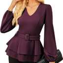 GRACE KARIN Women Work Peplum Tops,Long Sleeve Dressy Casual Blouses,V Neck Business Shirt Fall Outfits with Belt (X-Large, Dark Red)