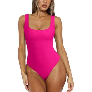 REORIA Bodysuit for Women Scoop Neck Sleeveless Tank Top Bodysuits 2025 Sexy Thong Bodysuit Basic Leotards for Women (Small, Neon Rose Red)