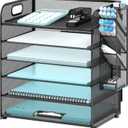 SUPEASY 6 Tier Desk Organizer with 4 Pen Holders, Mesh Paper Organizer Letter Tray with Handle, Desk Organizer Tray File Organizer for A4 File Folder, Black