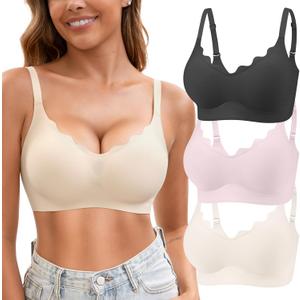 Womens Seamless T-Shirt Bras 3 Pack Wireless Comfy Jelly Bra, Full Coverage Bralette No Show Under Clothes (Large, Black+white+pink)