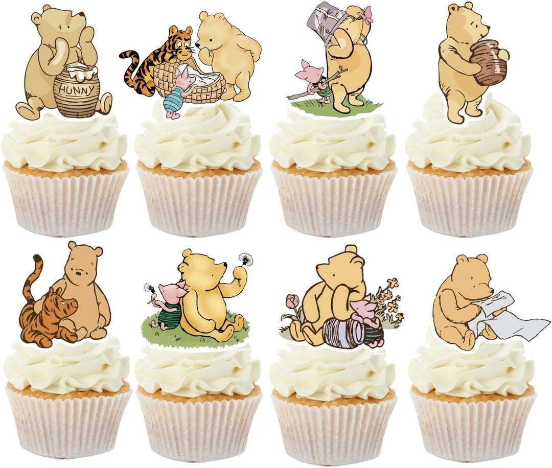 48 Pcs Classic Winnie Cupcake Toppers Cake Topper Cute Pooh Baby Shower Decorations Adorable For Bee Bear Themed Party Decor Welcome Baby First Birthday Supplies