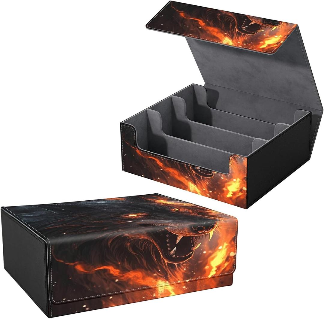 for MTG Commander Deck Box Fit Trading Cards, 1800+ Sleeved Cards with PU Leather Magnetic Large Card Storage Case for TCG CCG Magic Sports Cards Man Woman Gift, Flame Wolf