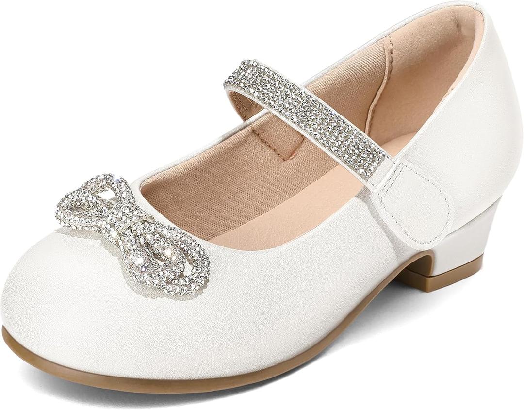 K KomForme Girls Dress Shoes Princess Bow Flats with Rhinestone for Wedding Party, Little Kid (White Pu,Size 1)
