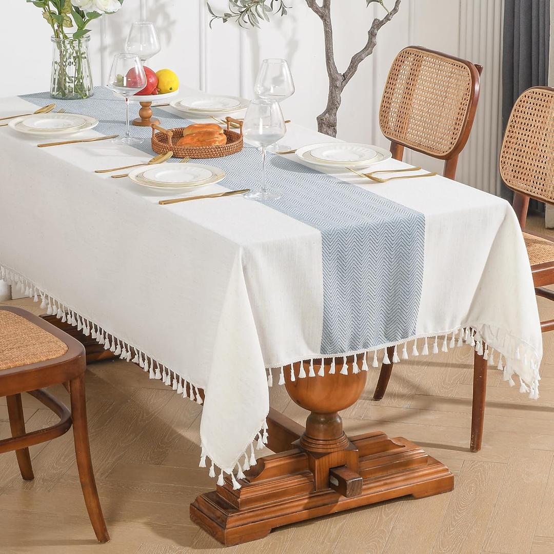 Oubonun Modern Farmhouse Tablecloth, Linen-Textured Waterproof Dining Table Cloth with Tassels, Wrinkle Resistant Fabric for Kitchen & Dining Room, Neutral Rectangular 55''x86'', 6-8 Seats (Beigeblue Stripe)