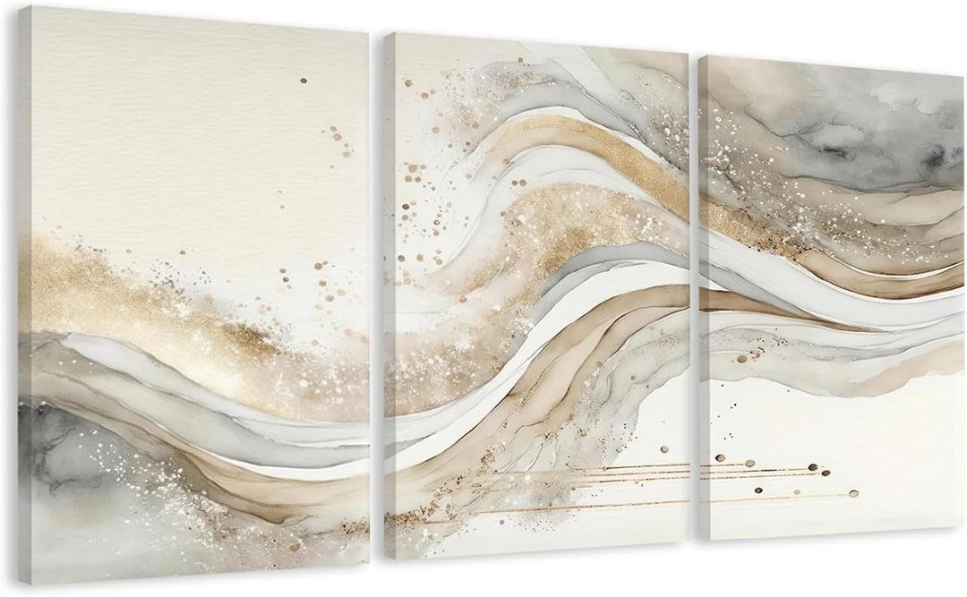 AVECCO 3 Pieces Gold Wave Abstract Wall Art, Modern Pictures Canvas Stylish Wall Decor,Minimalist Gold Art Prints for Bedroom Living Room Office Home Decoration Ready to Hang 16x24 Inch