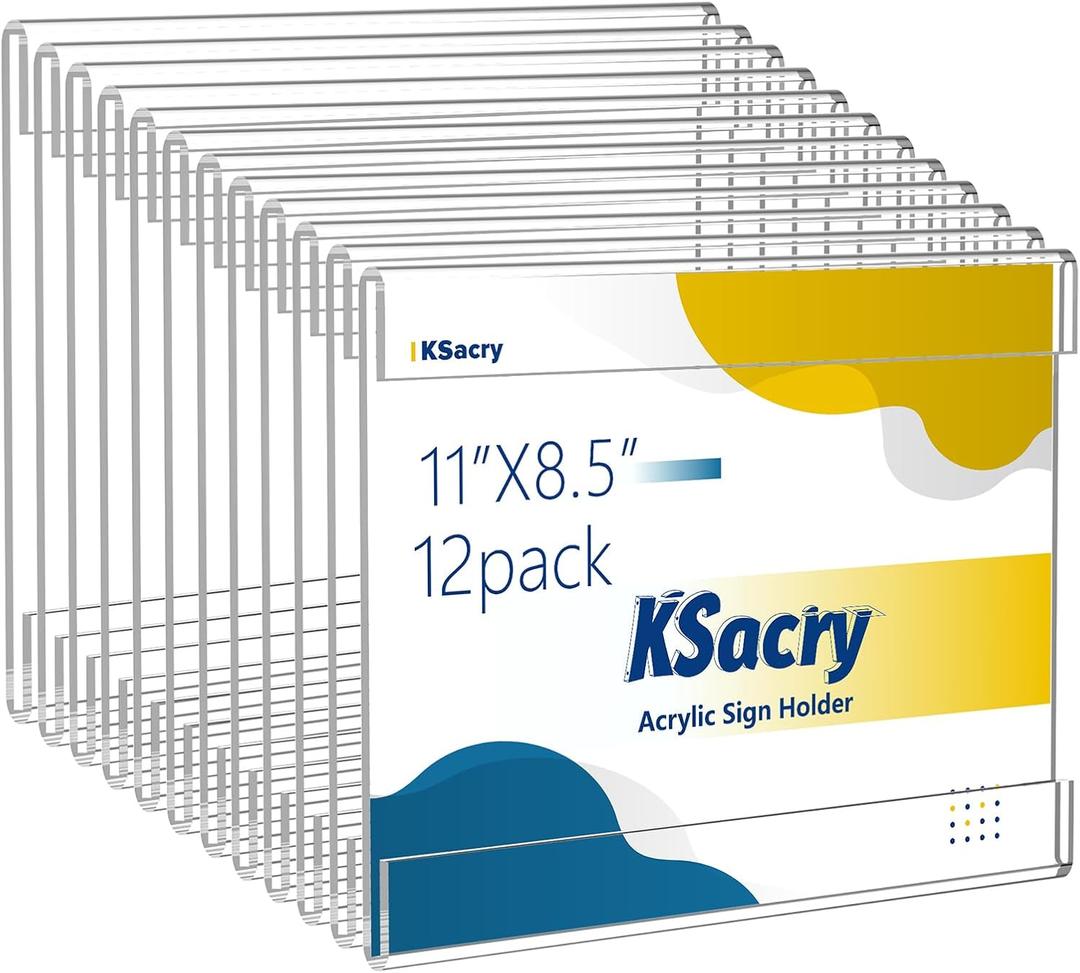 KSacry 12 Pcs Acrylic Sign Holder 11 x 8.5, Horizontal Wall Mount Sign Holders with 3M Adhesive, Clear Plastic Frames Paper Display Sign Holders for Office, Home, Store, Restaurant - No Drilling