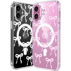 2 Pack Magnetic for iPhone 16 Case, Bow Case Compatible with MagSafe, Cute Cover with Design Clear Ribbon Aesthetic Phone Anti-Yellowing Shockproof Protective for Women Girl, White