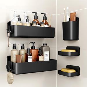 Orimade Shower Caddy 5-Pack, No-Drill Adhesive Shelves for Bathroom, Rustproof ABS Storage Organizer Set, Black