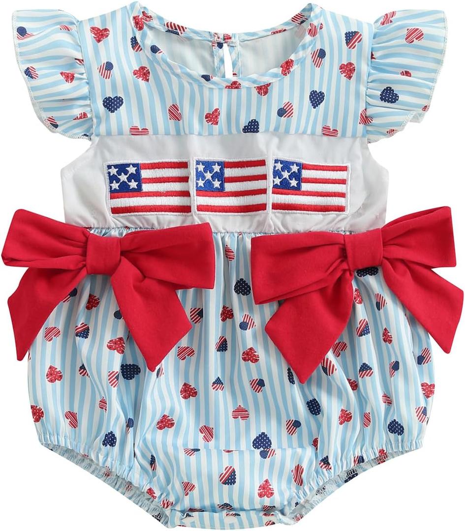Ayalinggo 4th Of July Baby Girl Outfits Usa Flag Embroidery Newborn Infant Smocked Bubble Romper Memorial Day Clothes (Blue)