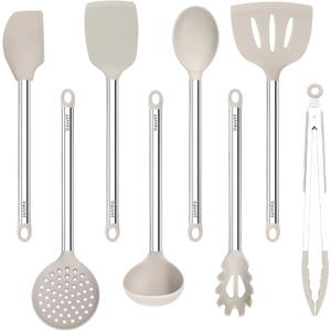 8 Pieces Kitchen Utensils Set, Vayvnt Silicone Cooking Utensils Set for Non-Stick Cookware, Stainless Steel Handle, Heat Resistant Kitchen Gadgets Includes Large Spatula Tongs, Dishwasher Safe, Khaki