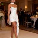 Women Satin Corset Prom Dresses Strapless Formal Evening Gown Cocktail Party Mini Dress with Scarf (White, L)