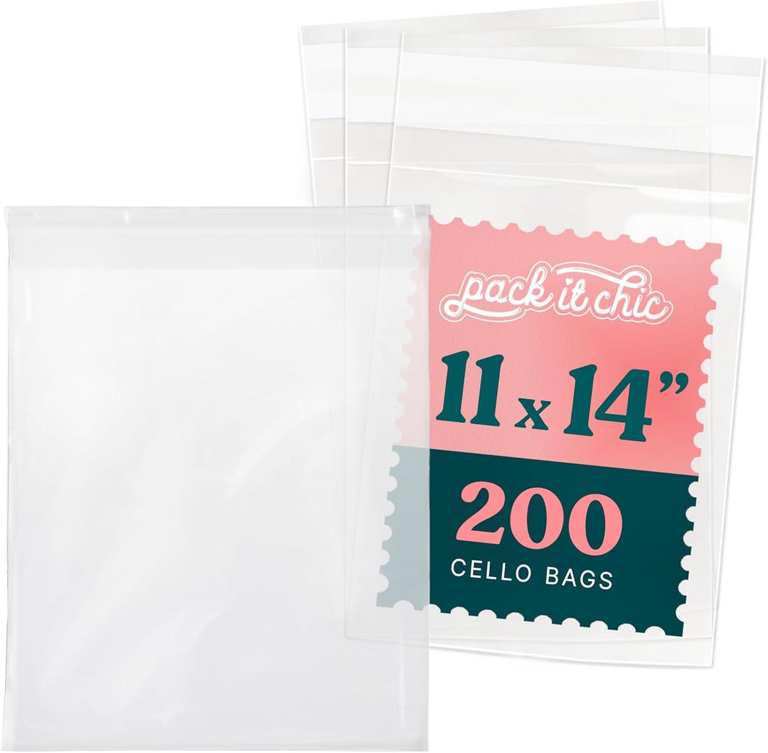 Pack It Chic - 11 X 14 Self Sealing Cellophane Bags (200 Pack) - Resealable Adhesive Clear Bags for Gifts, 11X14 Photos, Prints, Envelopes, Documents
