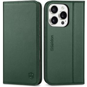 SHIELDON Wallet Case for iPhone 16 Pro 6.3", Genuine Leather Flip Magnetic Closure RFID Blocking Credit Card Slot Kickstand Shockproof TPU Shell Case Compatible with iPhone 16 Pro - Nappa Evergreen