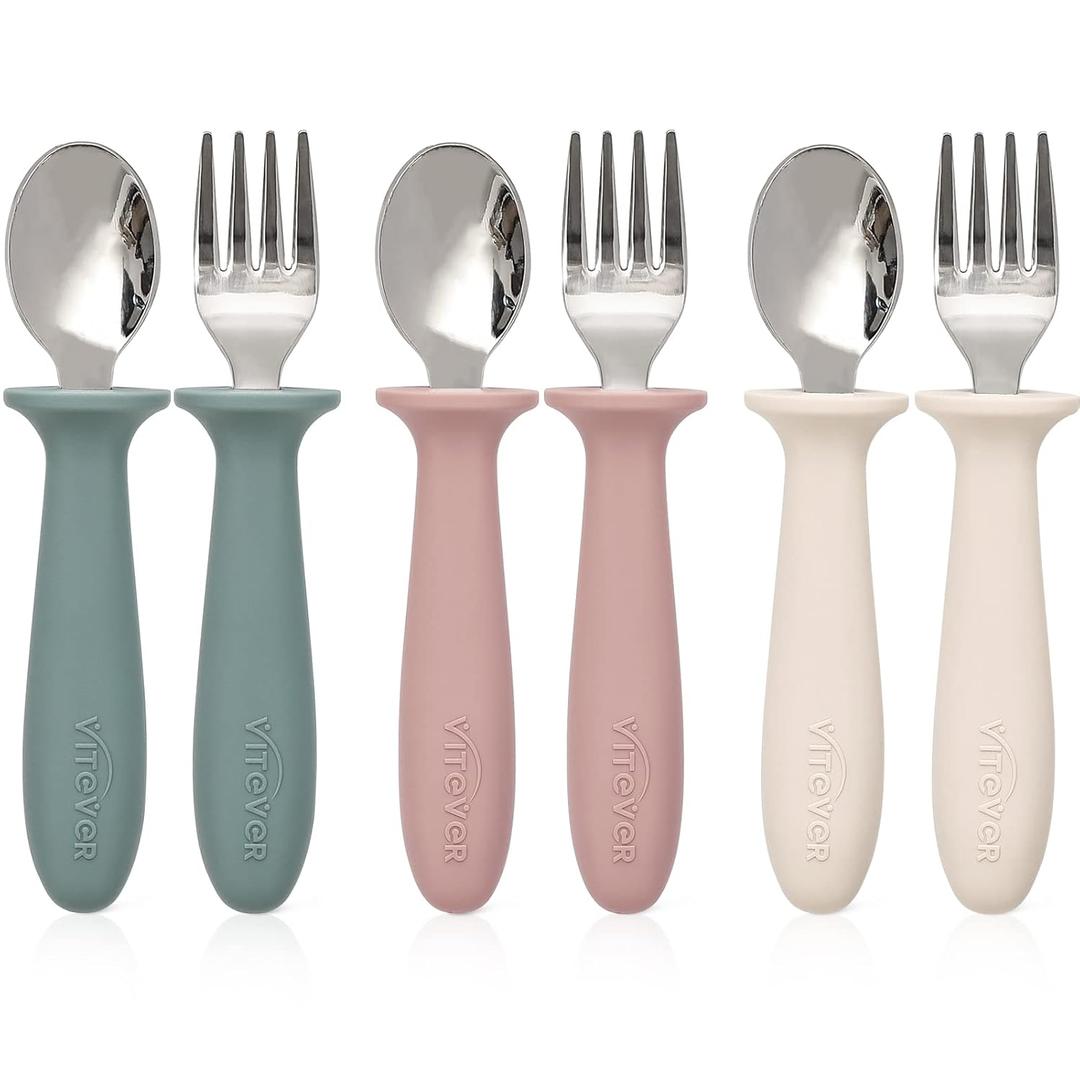 VITEVER 6 Pieces Toddler Utensils, Kids Silverware Set with Silicone Handle, Children Safe Spoons and Forks, 18/8 Stainless Steel, Food-grade Silicone - Dishwasher Safe (Red/Green/White)
