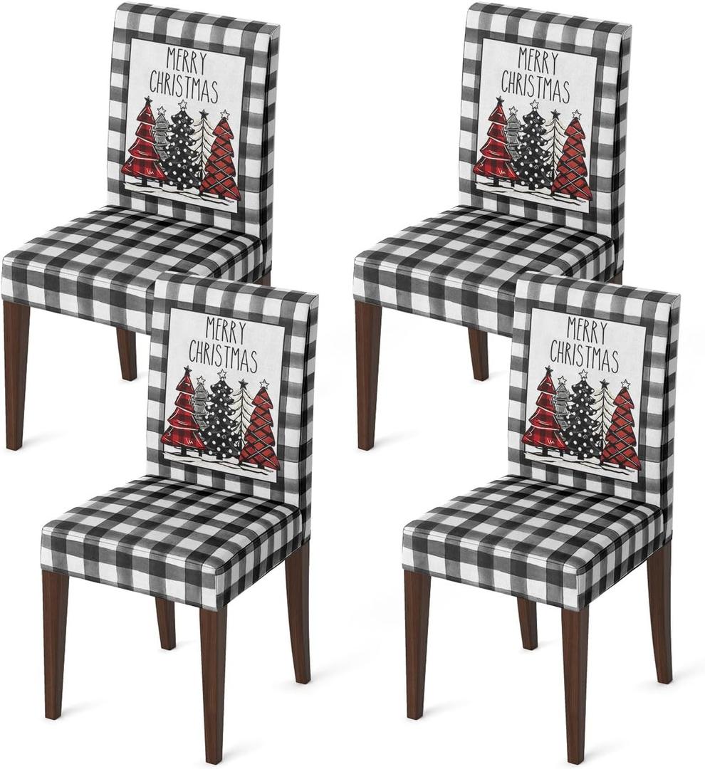 Horaldaily 4PCS Christmas Dining Chair Covers, Black Buffalo Plaid Trees Stretch Removable Washable Slipcover Chair Protector for Dining Room Home Decor