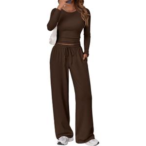 Trendy Queen Women's 2 Piece Matching Lounge Set Long Sleeve Side Ruching Top Wide Leg Drawstring Pants Set with Pockets (Large, Coffee)