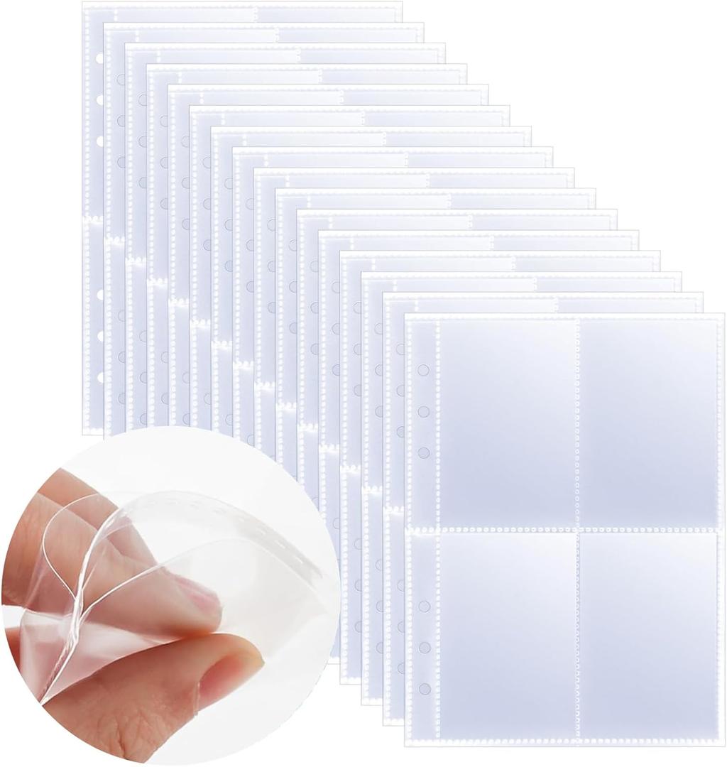 Photocard Sleeves 50 Pack 400 Pockets 6 Ring A5 Binder Sleeves 2.5x3.5 Inch Double-Sided 4 Pocket Page Protector for Game Cards, Photos, Postcards