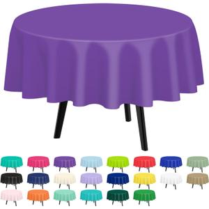 QIKSION Purple Round Tablecloth 2 Pack, 84 Inch Plastic Table Cover Disposable for Parties