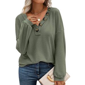 BTFBM Womens Fall Fashion 2025 Long Sleeve Shirts Spring V Neck Loose Casual Deco Button Lightweight Waffle Knit Tops (S)
