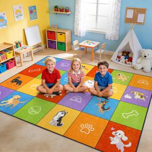 Classroom Rug,5x7 Feet Dog Kids Rug with Rubber Backing, Educational Classroom Seating Carpets Playmat Rugs for Artroom, Play Carpet for Teaching and Reading Area, Multicolor