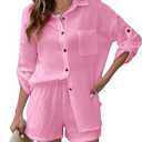 Flygo Women's 2 Piece Outfits Lounge Short Sets Cotton Linen Roll Up Sleeve Button Down Shirt Top Shorts Set (Large, Pink)