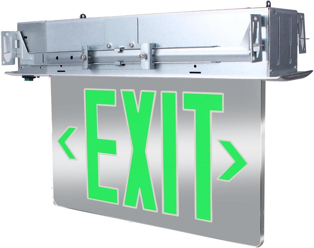 Qllite LED Exit Sign LED Edge-Lit Exit Sign Emergency Light with Battery Backup Recessed Mount Edge Aluminum Housing Double Side/Mirror Acrylic Panel Green Letters, UL Listed, 120-347V Commercial Use