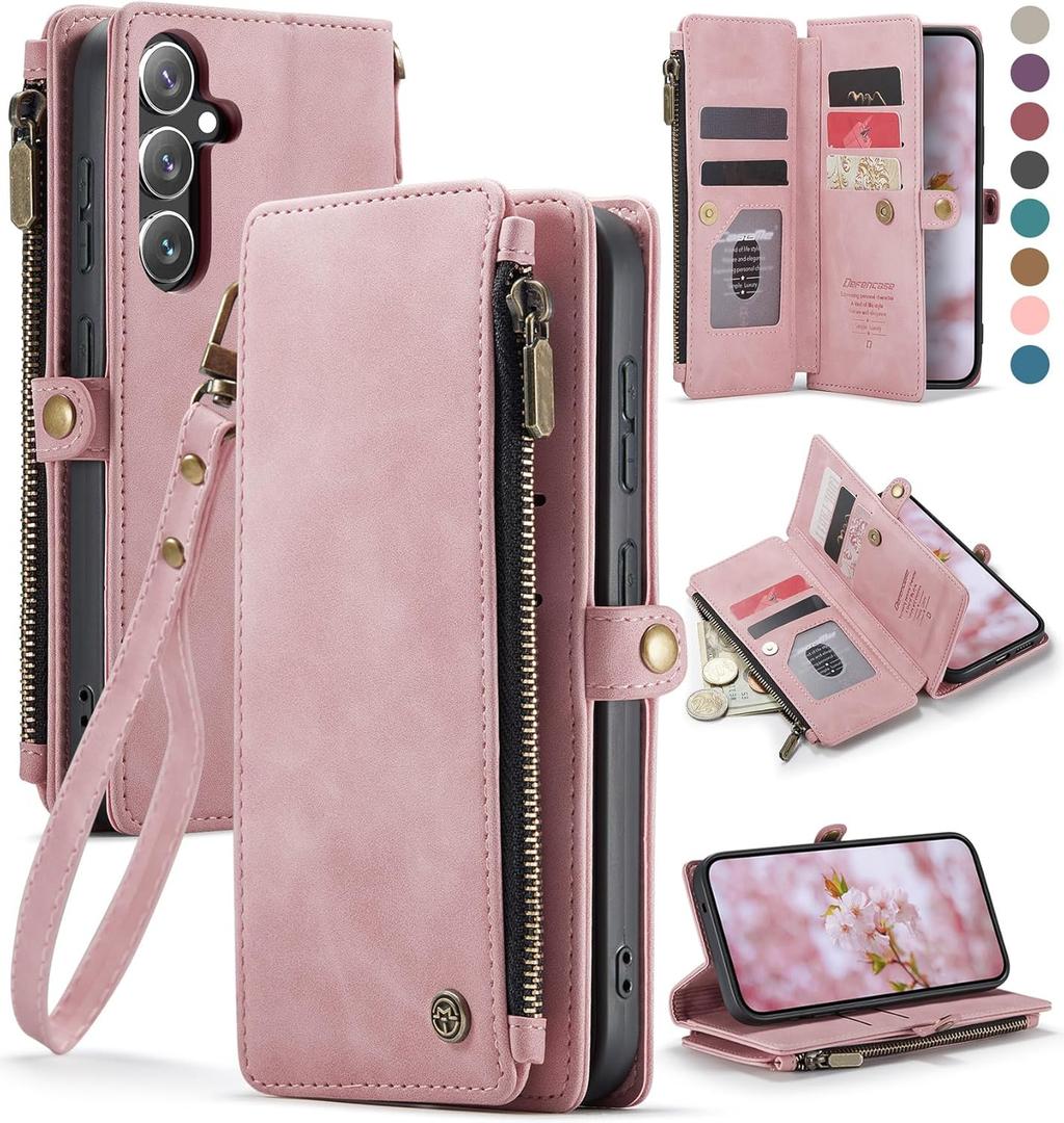 Defencase for Galaxy S25 Case Wallet with RFID Blocking Card Holder for Women Men, Elegant PU Leather Magnetic Snap Flip Wristlet Strap Zipper Wallet Phone Cases for Samsung Galaxy S25 5G 6.2", Pink