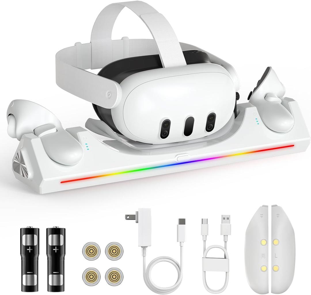 Charging Dock for Oculus Quest 3S/Quest 3, Magnetic Charging Station for Meta Quest 3S VR Headset & Controllers, with 2 Rechargeable 2100mAh Batteries, USB-C Charger and Cable, Supports LED Indicator